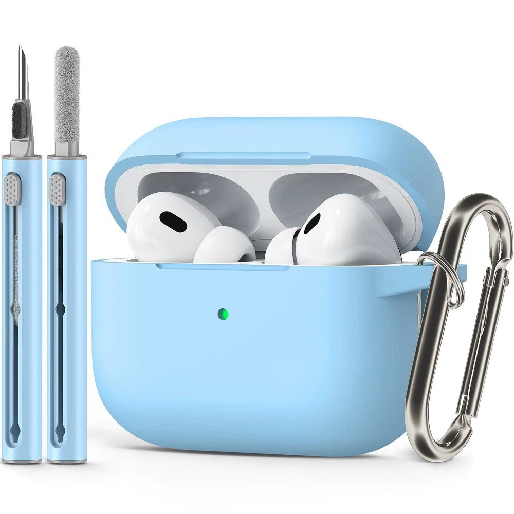Защитный чехол (совместим с Apple AirPods) с однотонным карабином и чистящей палочкой, лёгкий