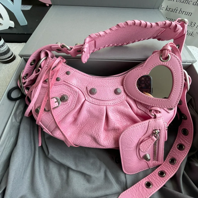 2024 New Mini Motorcycle Bag Underarm Bag Studded Tassel 3-In-1 Crescent Pleated Cowhide Shoulder Crossbody Bag For Women - Thumbnail 3