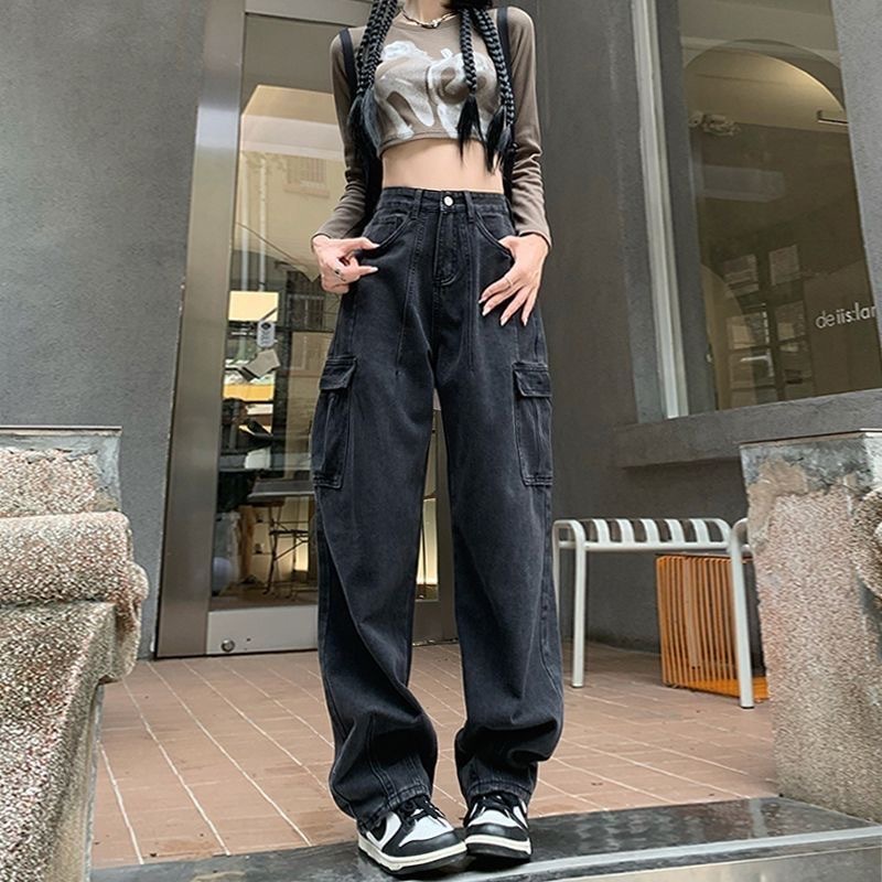 American-Style Workwear Floor-Length Jeans for Women, Autumn Black and Gray High-Waisted Straight-Leg Pants, Wide-Leg Long Pants, Trendy Loose Fit