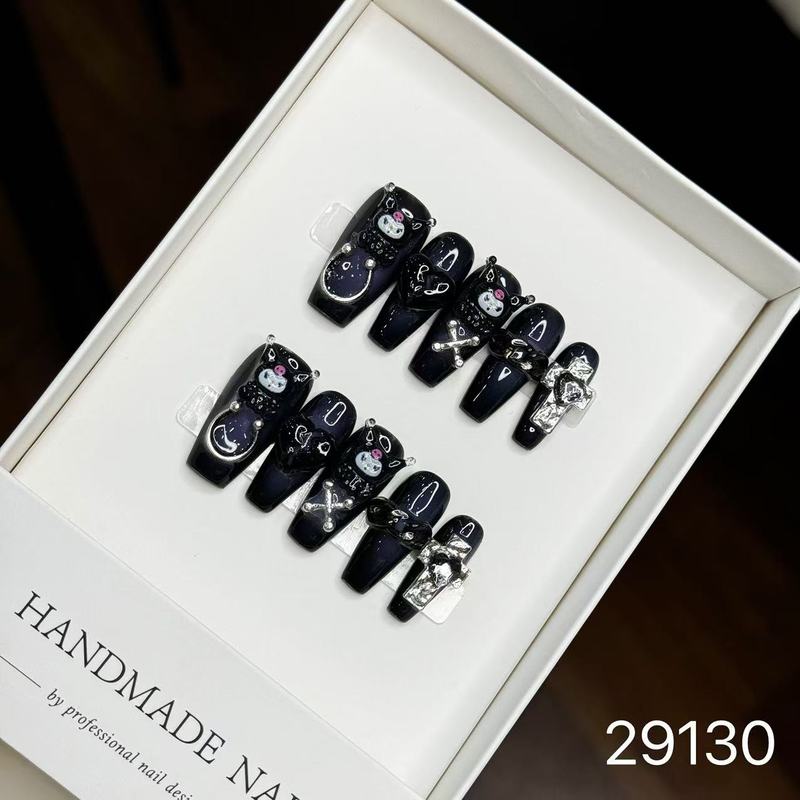 【純手作りのつけ爪29-32】ロングフレンチキャットアイパッチ付け爪、取り外し可能なネイルアートコレクション|undefined
