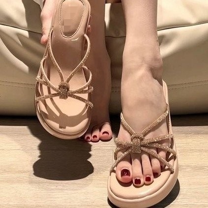 Temperamento francés de diamante de cinturón delgado de pendiente de zapatillas de taco para mujeres de verano 06 nuevo estilo universal hermoso antideslizante zapatillas image 1