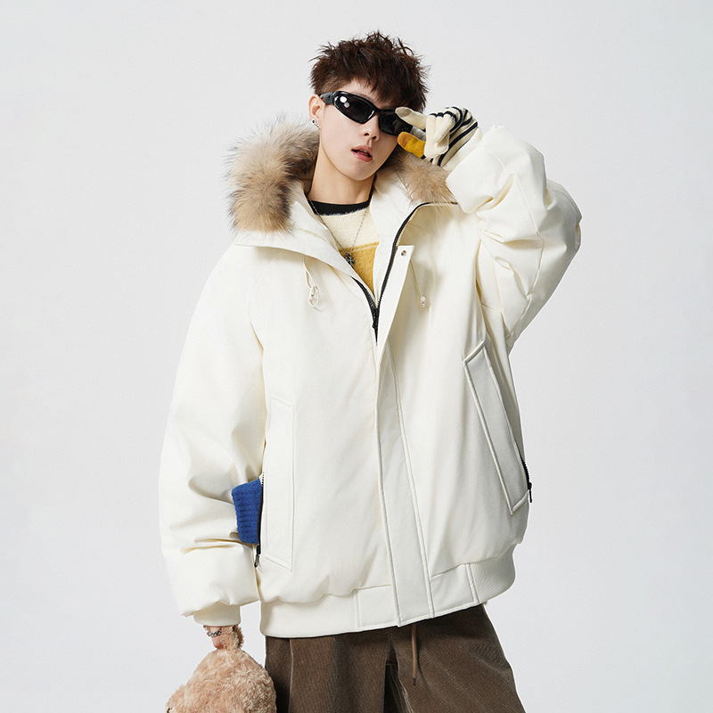 New National Standard 90% White Duck down Hooded down Jacket for Men Winter Loose Removable Hood Fur Collar Waterproof Jacket for Men