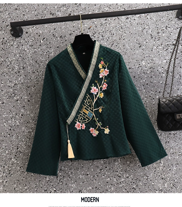  Demi-season velvet retro cheongsam, trousers for work, with embroidery, Chinese style
