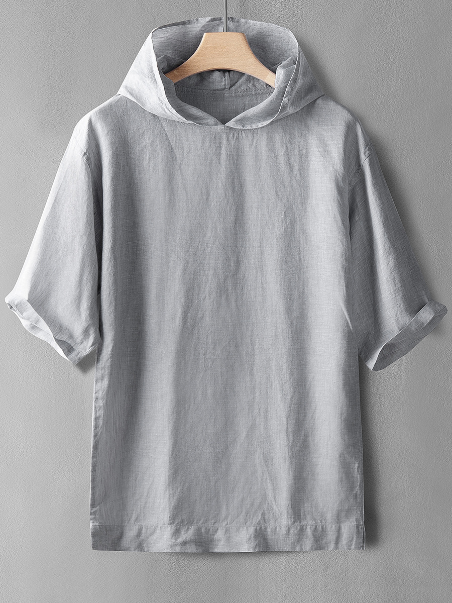 Verano hip hop estilo Delgado color sólido Lino cuello redondo pullover Top Loose hombres HOODIE en stock