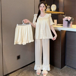 冰丝睡衣春秋季女新款长袖长裤开衫三件套时尚印花爆款家居服批发