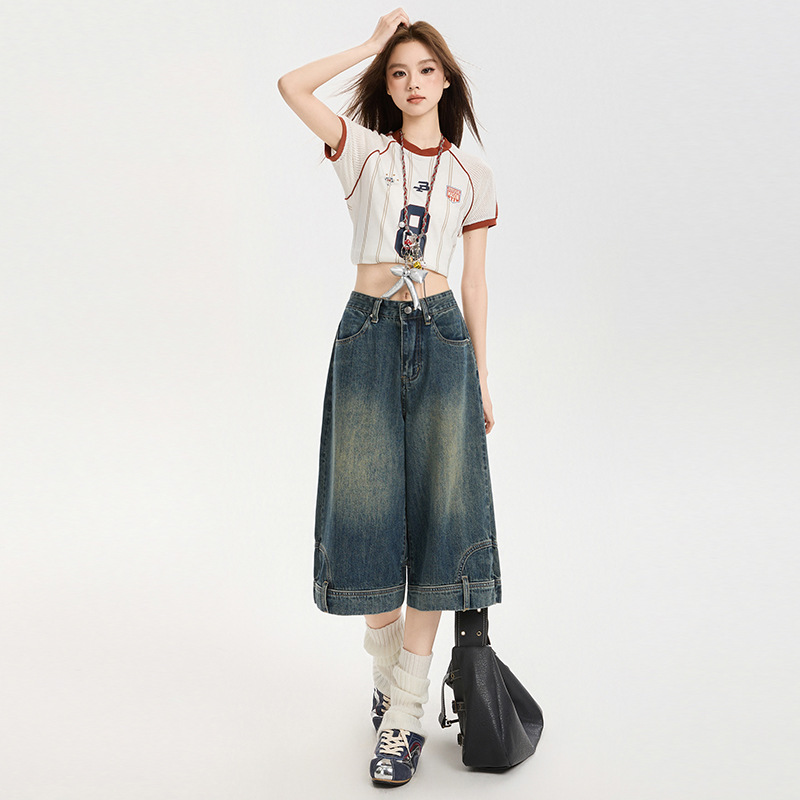 Retro Hot Girl Style Denim Shorts, Women's Summer New Loose Straight Wide-Leg Mid-Length Pants