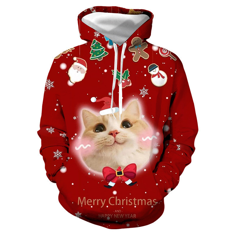 Happy Christmas cat 3D printing men's and women's adult children's leisure hooded sweater factory direct supply