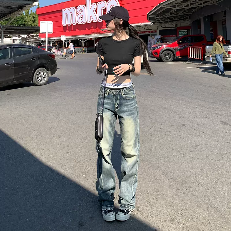 美式复古窄版直筒做旧牛仔裤女2025秋季新款低腰显瘦百搭休闲裤子