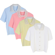 法单小众短袖针织开衫春夏珍珠娃娃领别致甜美减龄小香风女针织衫