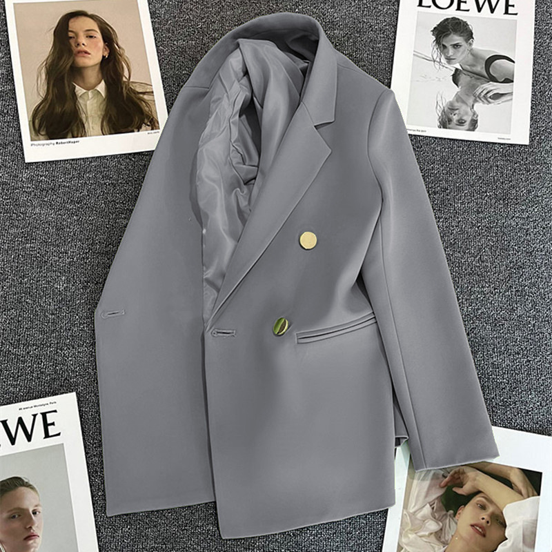 Spring Blazer for Women 2026, Double-Breasted Gray Suit, Elegant and Slimming, Trendy Street Style Top for Women