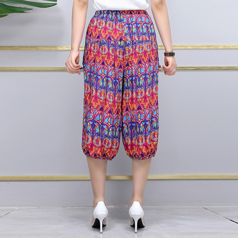Middle-Aged Women's Cotton Silk Cropped Pants Thin Summer Plus Size Floral Pants Loose High-Waisted Elastic Waist Lantern Pants