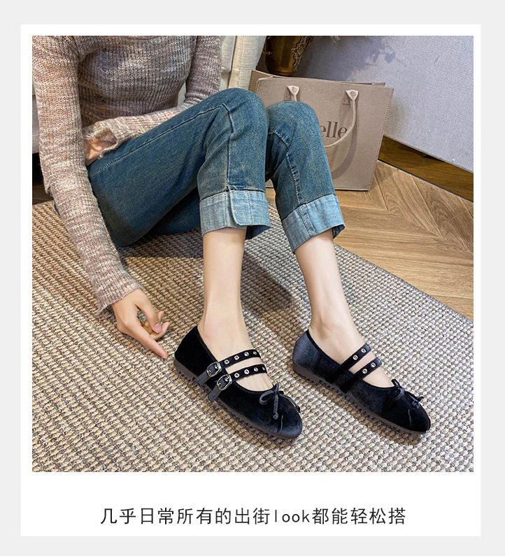 Giày Mary Jane nhung nhung mũi tròn đế mềm thắt nơ gót thấp — Màu hồng, Màu mơ, Màu đen chi tiết 13