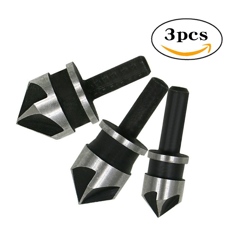3pcs Woodworking Round Handle Five-edged Chamfer90 Degree Chamfering Knife12-19mm Tool Set Electric Drill Reaming Drill Bit