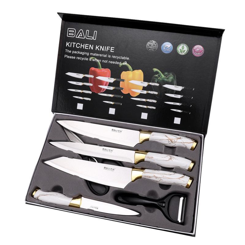 Gran por mayor mármol doble galvanoplastia seis piezas juegos de cuchillos de cocina tijeras cuchillos multifuncionales regalos