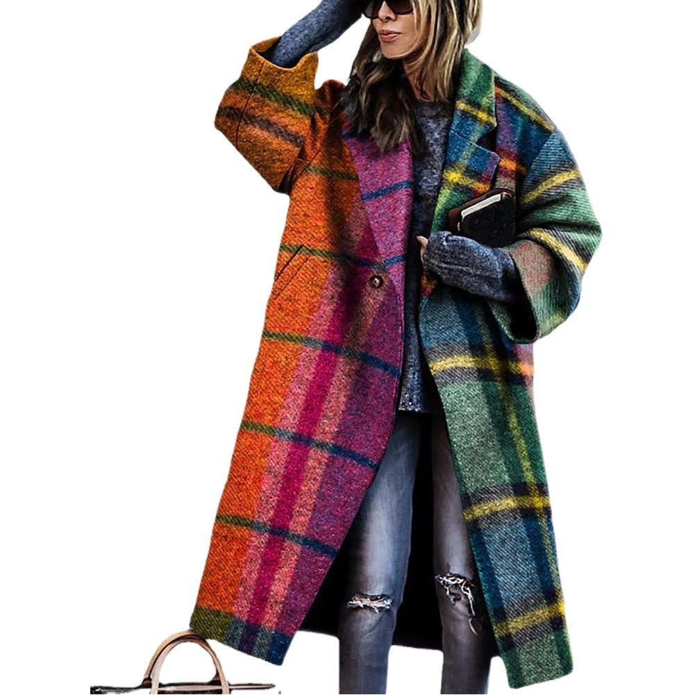 M8753, новинка 2025 года, европейская и американская осенняя трансграничная женская одежда Amazon, верхняя одежда с длинными рукавами и лацканами, шерстяная длинная верхняя одежда с принтом