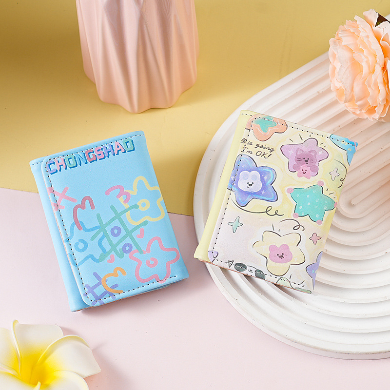 Nuevo estilo simple graffiti de color corto nicho lindo diseño de mujer plegable compacto multi-tarjeta cartera triple plegable