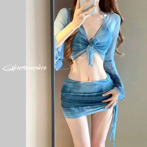 Bikini swimsuit women's polyester split four-piece long-sleeved fashion printed and dyed slim sexy spa swimwear wholesale