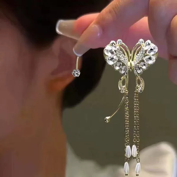 New Butterfly Super Fairy Tassel Pearl Drop Ear Hanging One-piece High-end Sense New Chinese Style Light Luxury Earrings
