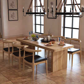 复古大板民宿纯实木餐桌小户型会议茶桌工作台原木长方形休闲饭桌