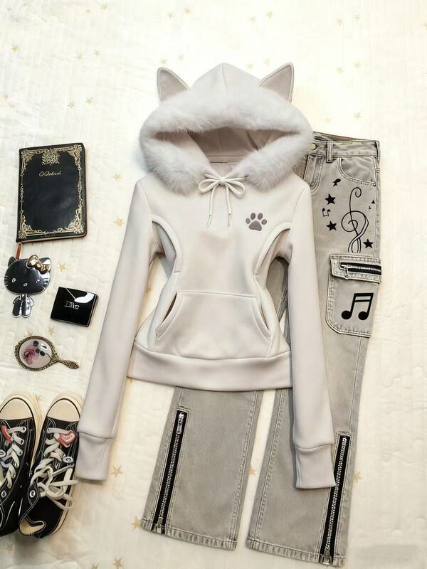 American Retro Soft Cute Cat Ear Plush Fur Collar Hooded Sweatshirt Cute Cat Claw Print Waist Slimming Look Top
