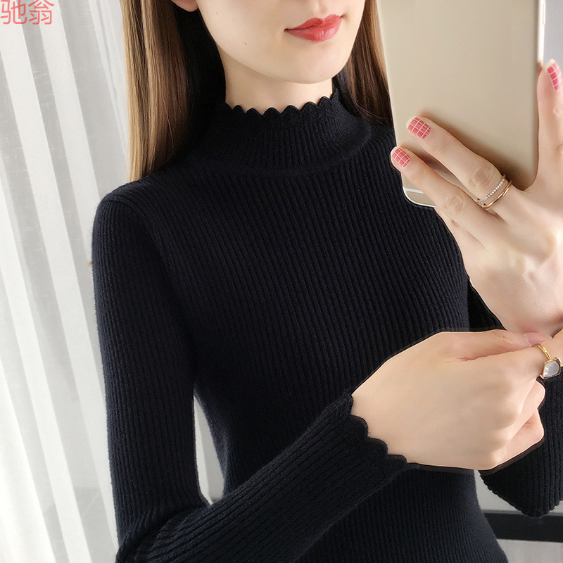 Y9Z Black Bottoming Shirt Women's Long-sleeved Inner Wear Autumn and Winter New Half-high Collar Sweater Slim-fit Slimming Solid Color Middle Collar