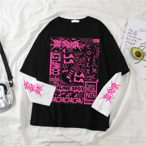 Dark Print Hoodie Sweatshirt for Autumn, American Street Style, Loose Fit, Long-Sleeved and Short-Sleeved, Couple's Top