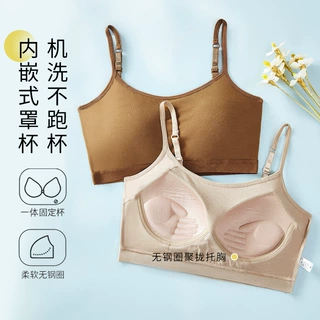 薄款纯棉无钢圈一字美背吊带背心内衣聚拢上托裹胸抹胸发育期文胸