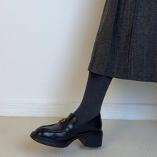 羊皮~英伦复古厚底粗跟山茶花乐福鞋女配裙子小皮鞋通勤黑色单鞋