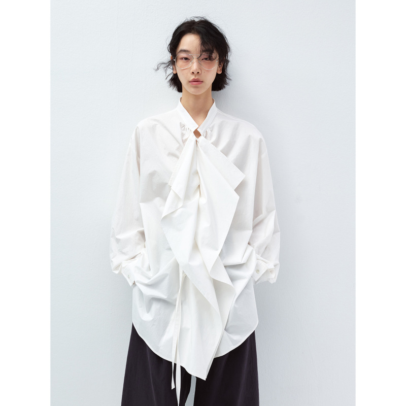 【识时黑标】New Product Washed Cotton Draped Design Long-Sleeve Single-Breasted Solid Color Shirt for Women V60044