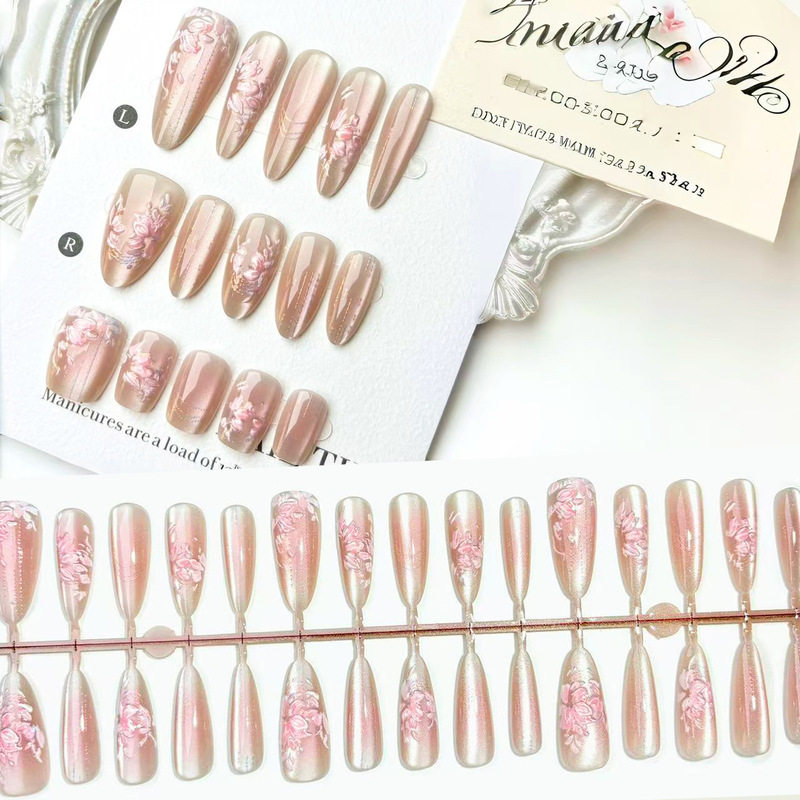 New Chinese-Style Pink Three-Dimensional Peach Blossom Clear Cat-Eye Wearable Nails Gilt Blush Nail Patches Gentle Versatile Ins