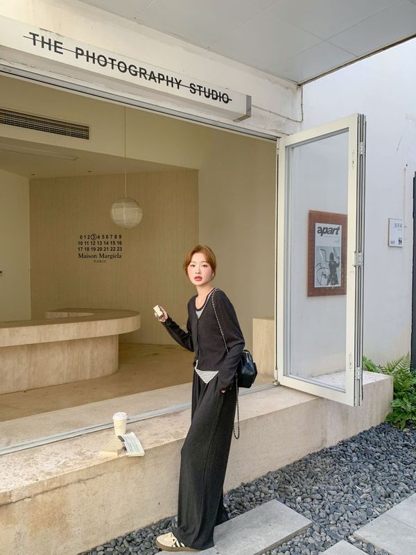 韩系休闲运动套装女2025秋季新款慵懒风条纹背心开衫阔腿裤三件套|undefined