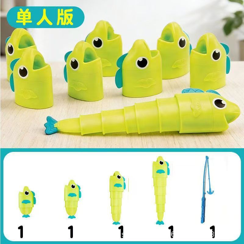4 green fish + 1 fishing rod + eye stickers (opp bag)