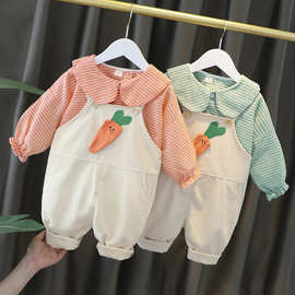 春秋季背带童装3男女宝宝洋气新款4岁两件套婴儿薄款套装代发