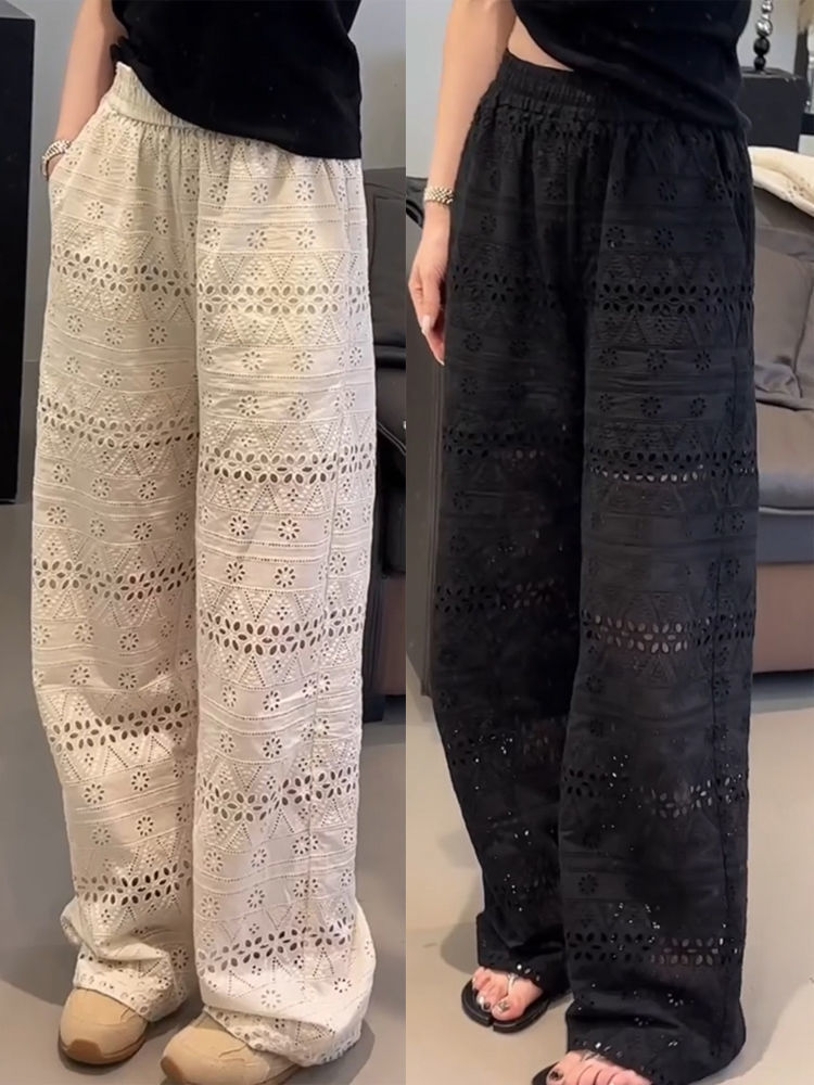 Plus Size High Waisted Lace Hollow Out Wide Leg Pants Summer Thin Loose Slimming Casual Straight Leg Pants For Women_ecoleips.com