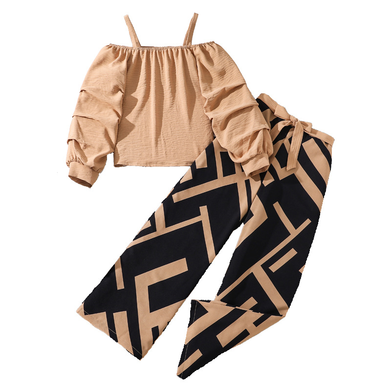 Kinder 2024 Herbst Neuheit Artikel Mädchen 6-12 Jahre alte Kinderkleidung Hosenträger Schulter langärmeliges Oberteil Set_voghion.com
