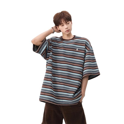 American Heavyweight Navy Blue Sweatshirt Short-Sleeve Men's Summer New Trend Loose Casual Color Block Silhouette Five-Sleeve Versatile Top