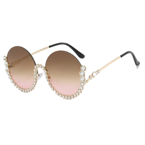 Round diamond-encrusted metal sunglasses  new half-frame sunglasses cross-border European and American gorgeous gradient sunglasses trend
