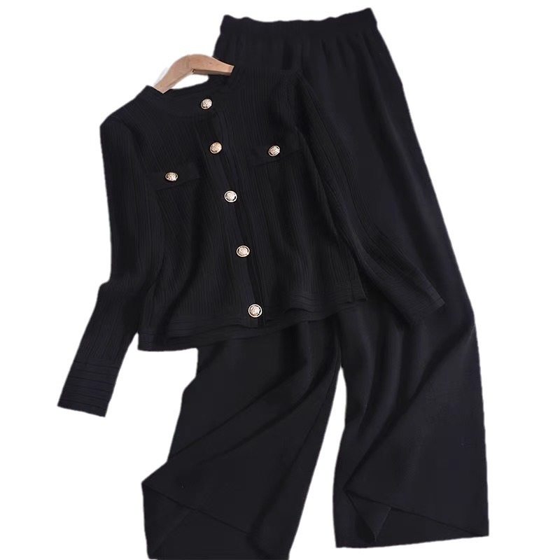 Damenbekleidung, modischer, lässiger Strickanzug für Herbst und Winter, langärmeliges Strickjackenoberteil, weite Hose, zweiteiliges Strickset_voghion.com