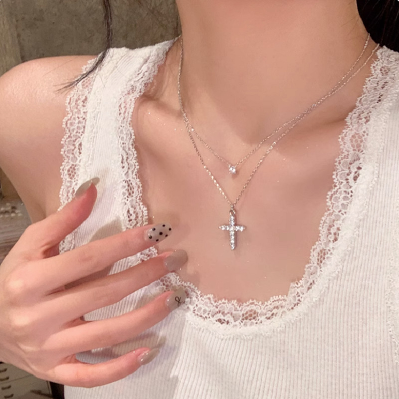 Large cross double layer necklace