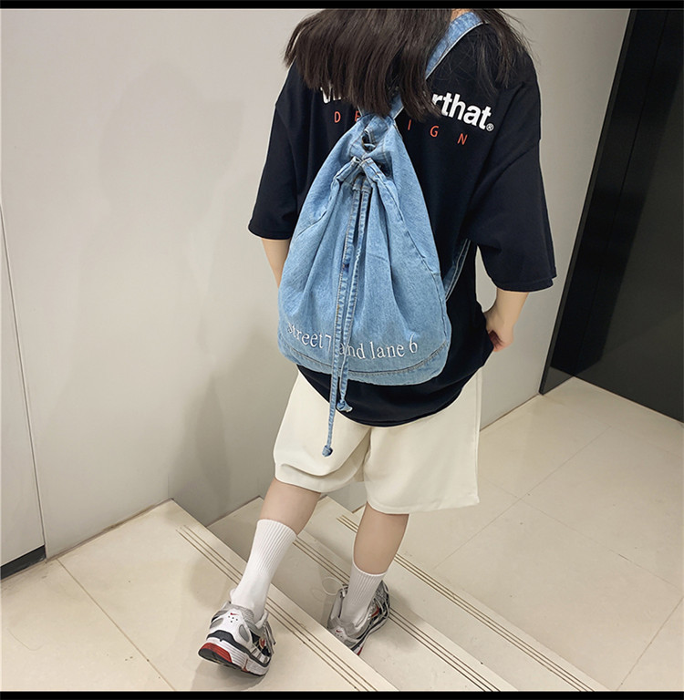 Korean Style Solid Color Denim Lace-up Backpack 28*13*37cm display picture 11