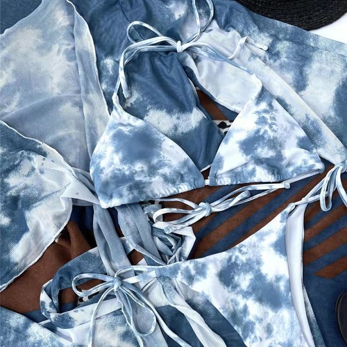 Rongfeidi 2024 AliExpress Split Tie-Dye Swim Suit Sexy Long Sleeve Sun Protection Four-Piece Bikini Set for Women