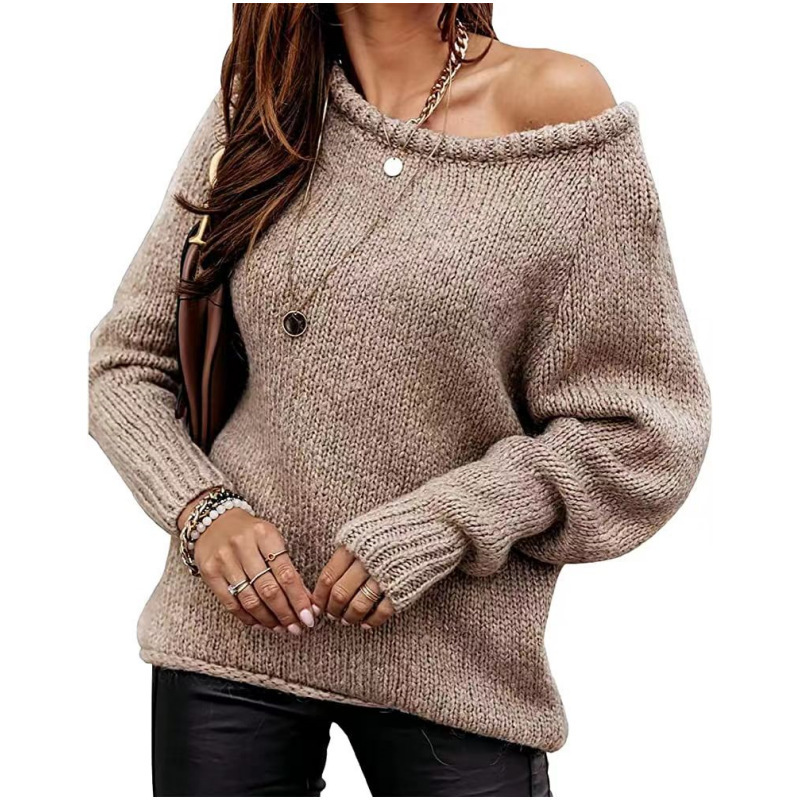 Cross-border Amazon autumn and winter off-the-shoulder round neck pullover knitted solid color elegant commuter loose plus size European and American sweater for women