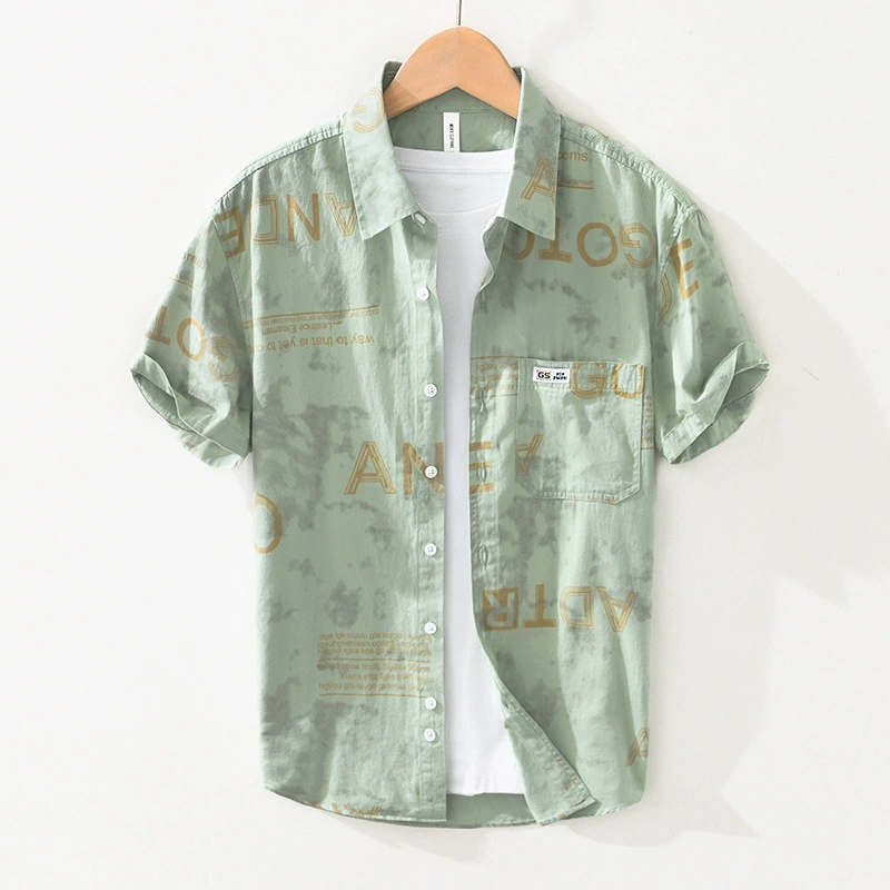 2073 Японская свежая буква карманные рубашки с короткими рукавами трендовая хлопковая печать