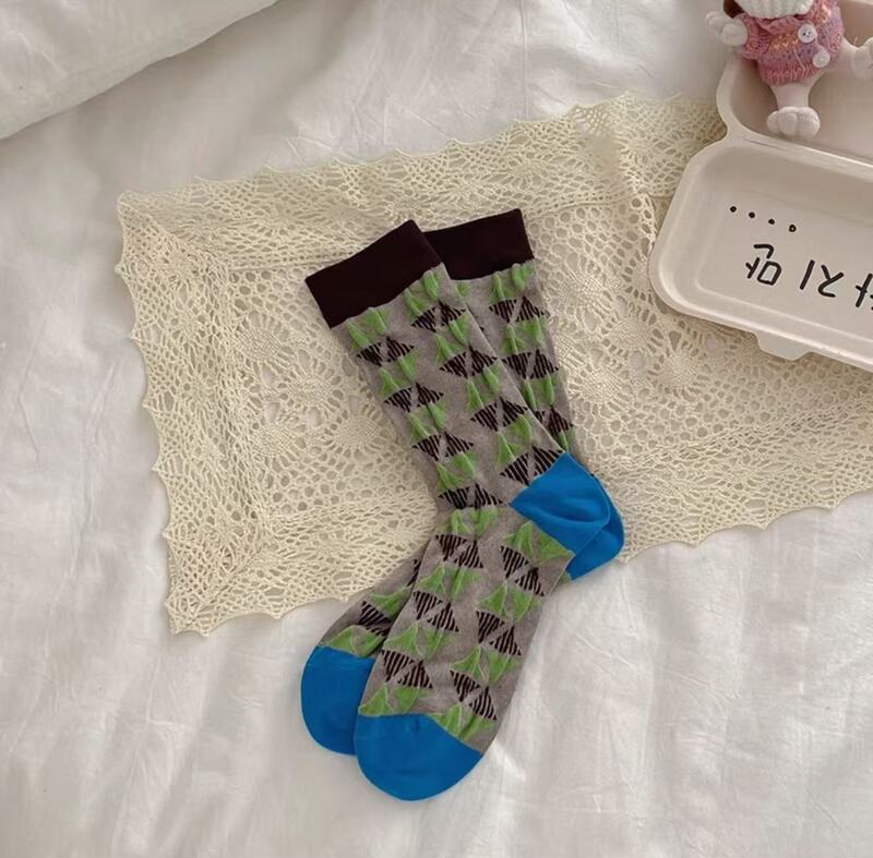 日系复古撞色浮雕花纹中筒袜子女春夏植物花卉堆堆袜ins潮流棉袜|undefined