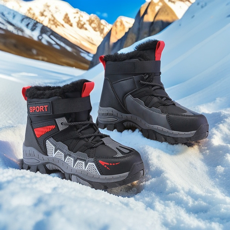 Boys' Winter Thickened and Fleece-Lined Warm Cotton Shoes, Northeast Large Cotton Shoes, High-Top Children's Anti-Slip Snow Boots