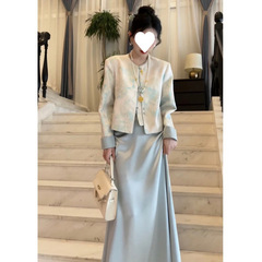 新中式国风套装女2025春季新款提花盘扣气质外套缎面半身裙两件套