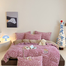 跨境亚马逊外贸专供货牛奶绒刺绣绣花四件套床单床笠被套批发