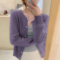 2025春秋新款圆领紫色短款针织小款开衫宽松外穿毛衣外套女