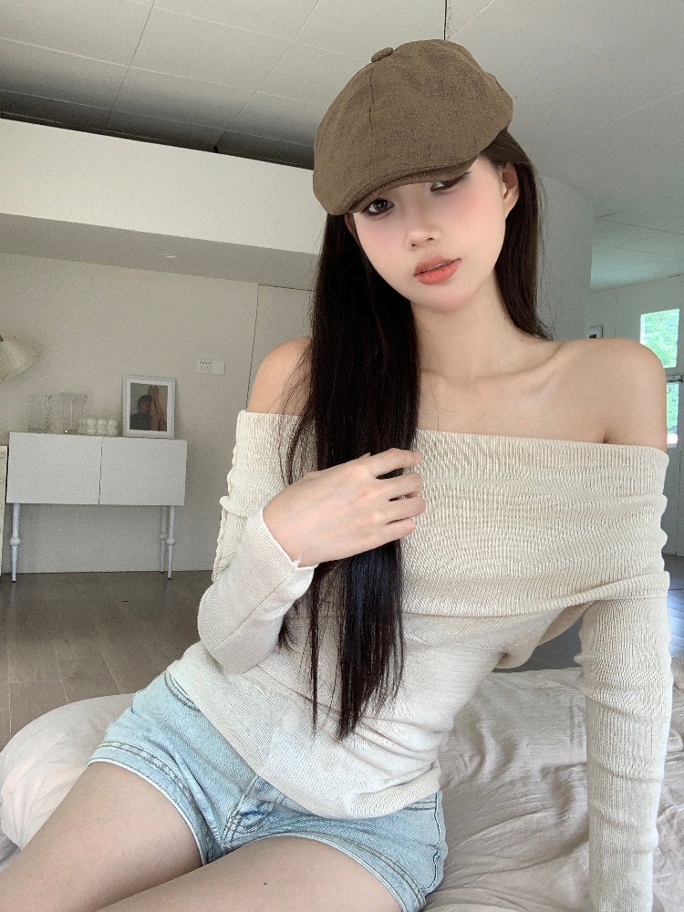 Off-shoulder top sweater women's long sleeve spring beautifu..