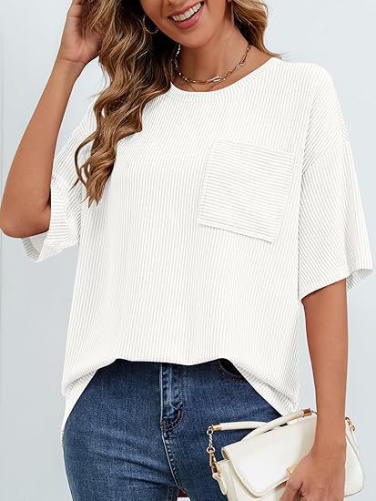 cross-border European And American Women's Summer Short-sleeve Pocket Top, Oversized Round-neck Textured Casual_ecoleips.com
